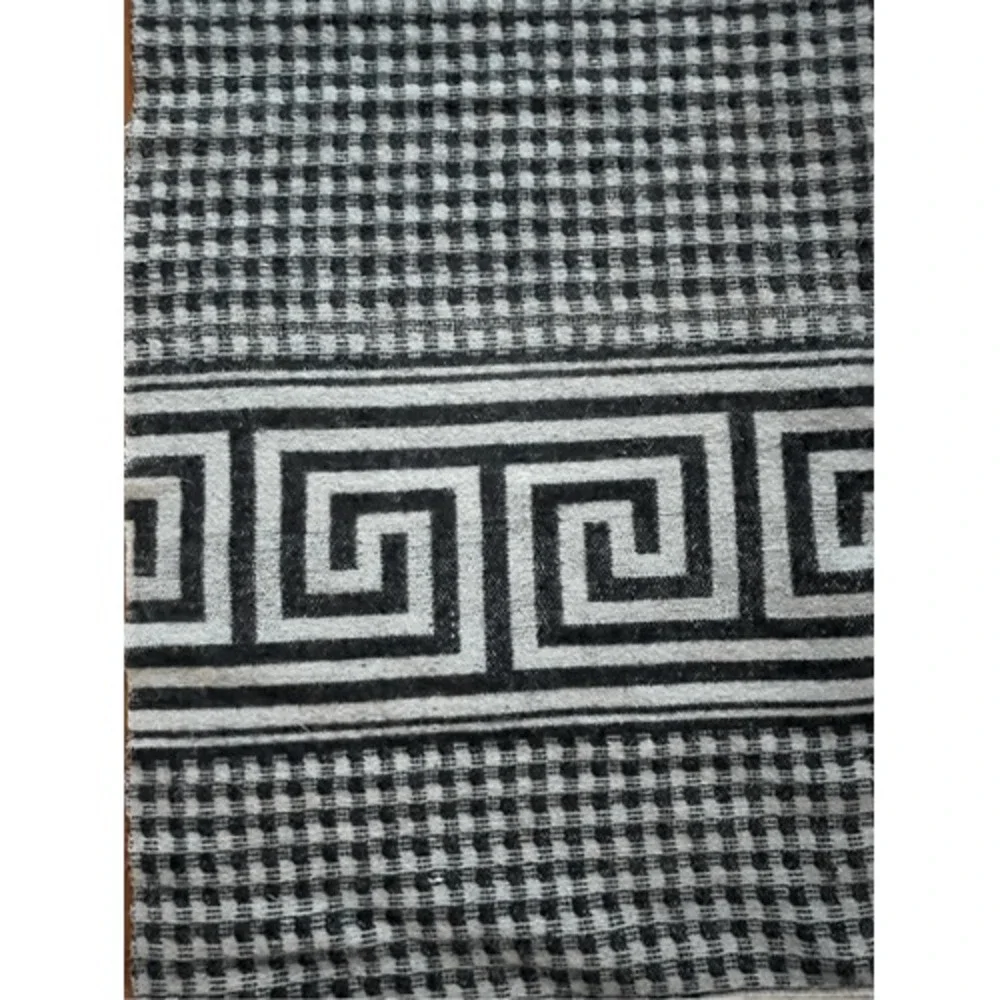 Vintage Gingham MCM Greek Key Trim Wool Blanket Black & White Size 66x76